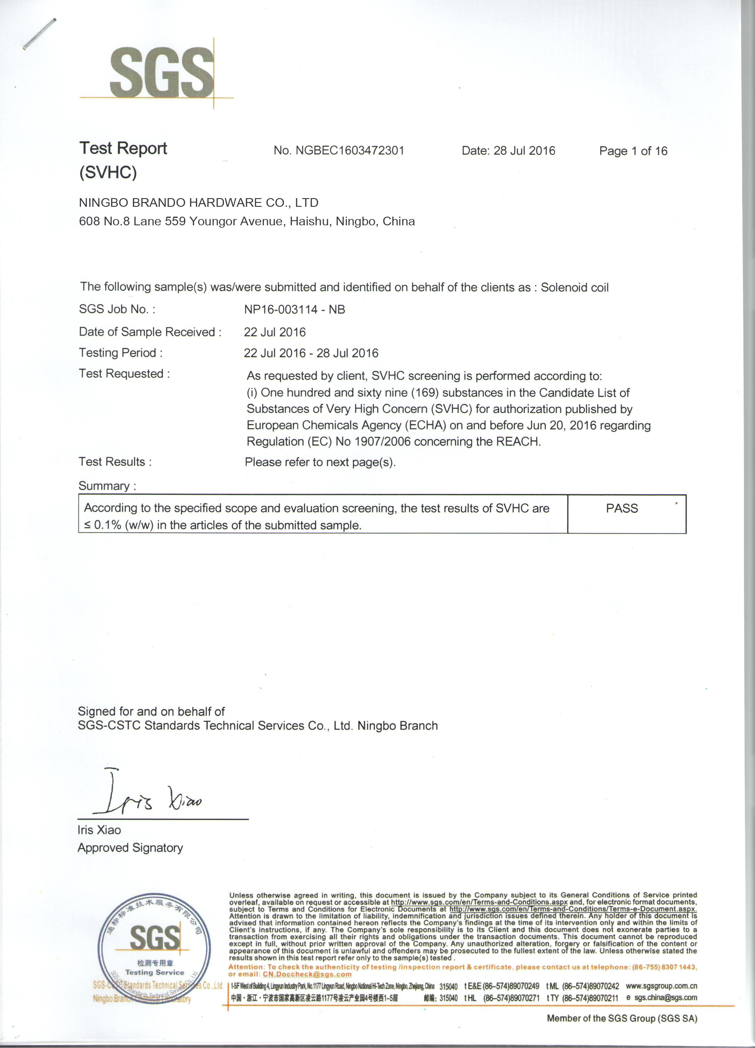 Chiny Ningbo Brando Hardware Co., Ltd Certyfikaty